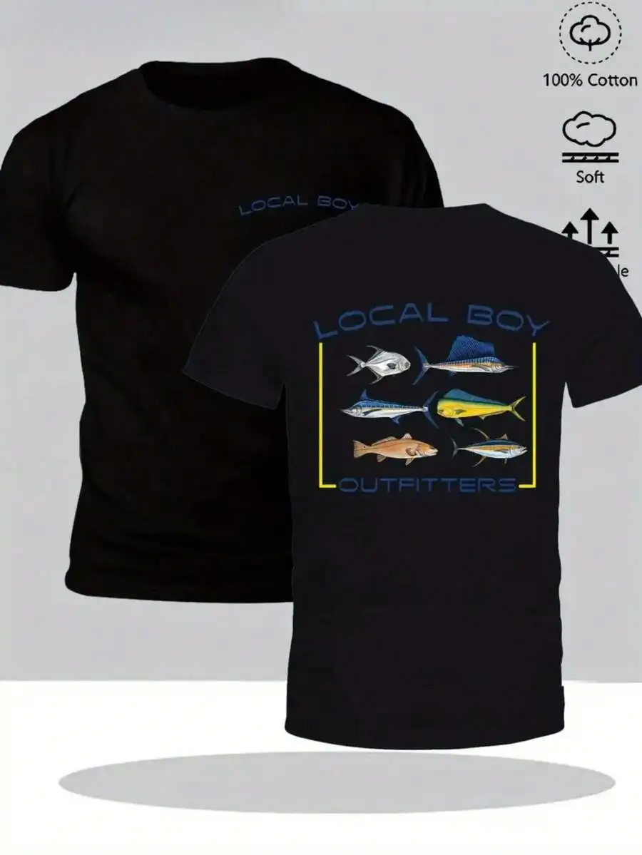 

Mens 100% Cotton Vintage Street Style Graphic Tee With Fish Print Double Sided Printing