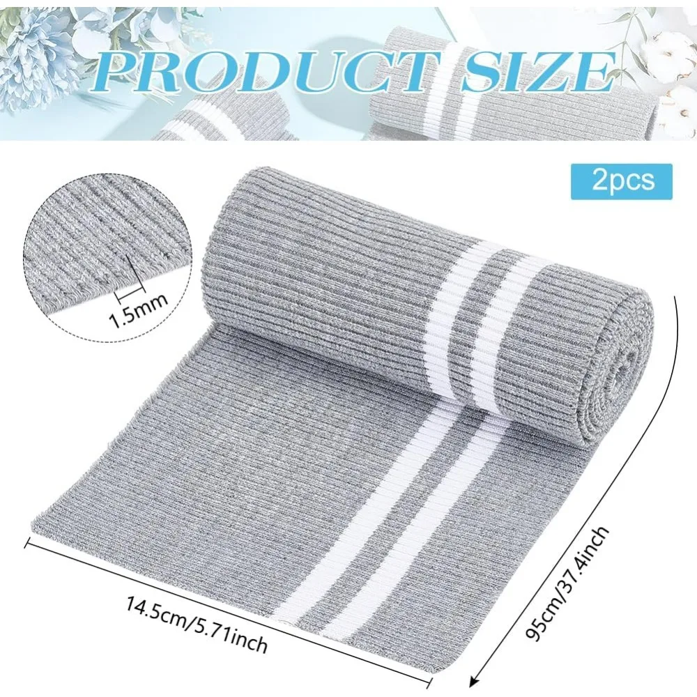 2Pcs Striped Elastic Fiber Ribbing Fabric 37.4x5.7inch Light Grey Waistbands Collar Cuffs Trim Material with White Line