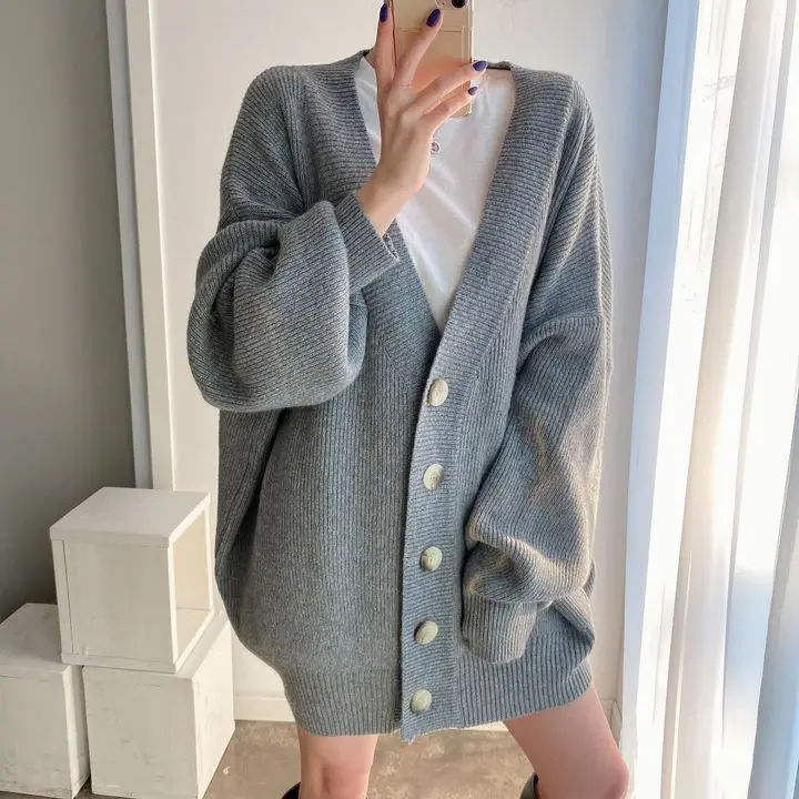 Korean Style Casual Lazy Style Single Button Knitted Open Cardigan Sweater Jacket Loose Fit V Neck Pure Color Polyester Fiber