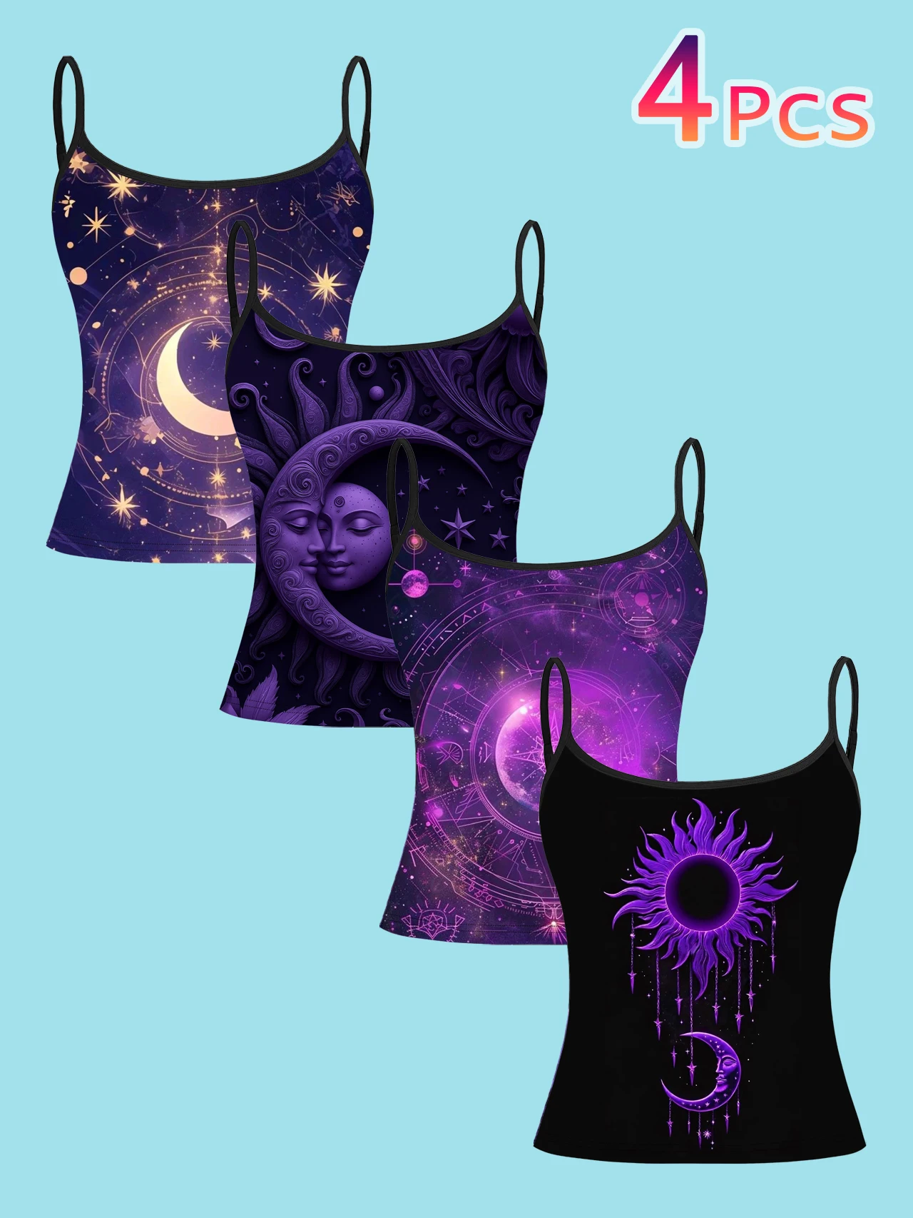 4-Piece Set of Women's Spaghetti Strap Camisoles with Purple-Toned Starry Sky, Sun, Moon, Astrology, and Mysterious Art Full-Print Slim-Fit Sleeveless Tops, Gothic Mysterious Style Outerwear and Innerwear Base Layer
