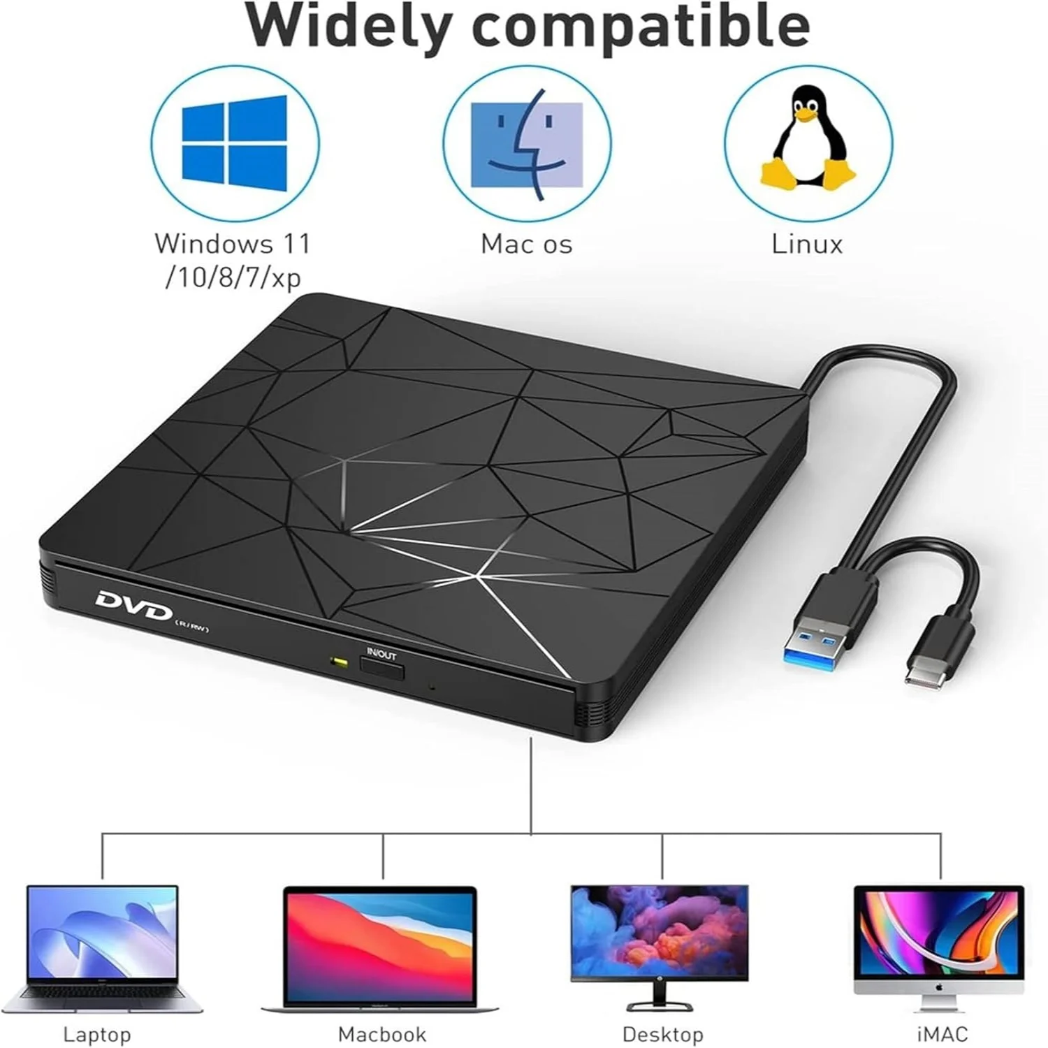External DVD RW Drive,Portable USB 3.0/Type-C CD Drive Burner with Mute Design, +/-RW Drive Optical Readers for Laptop Desktop