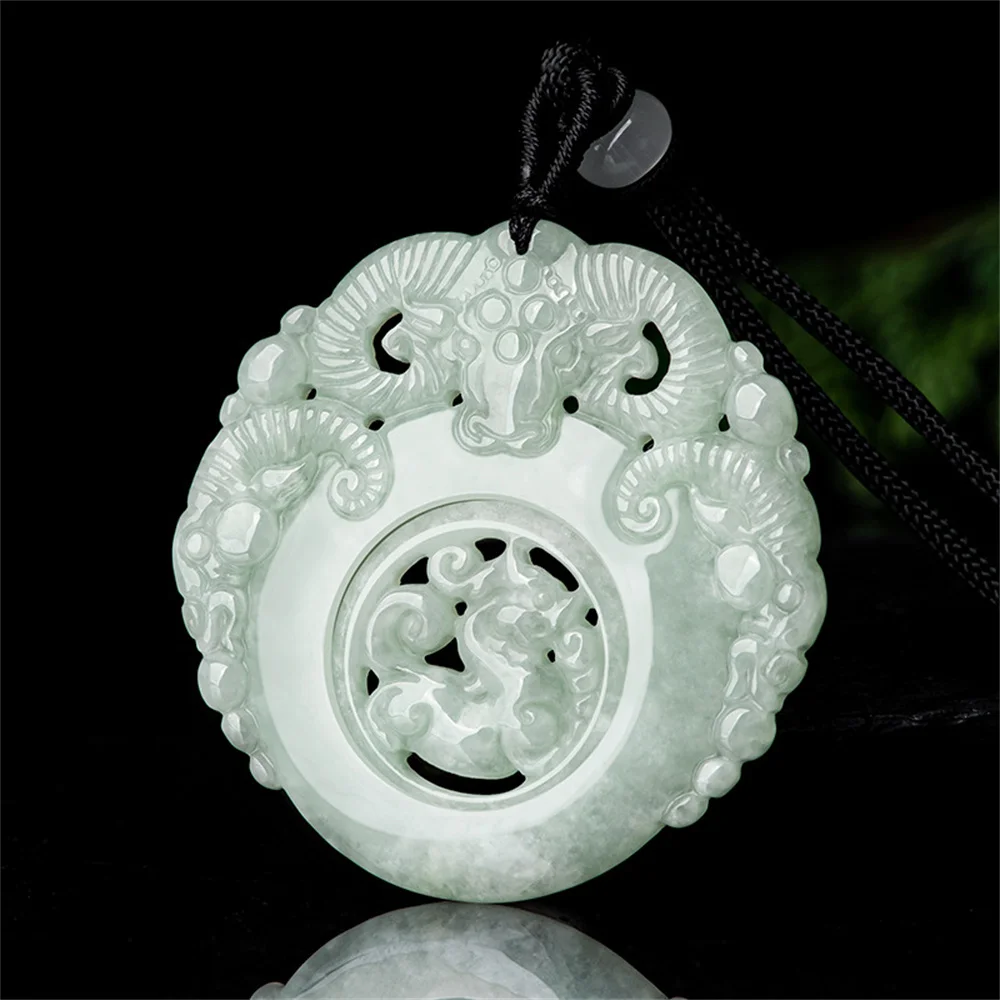 

Charm Natural Ice Jadeite Carved Hollow Three Sheep Kylin Pendant Amulet Necklace Certificate Luxury Jade Vintage Gift Jewelry