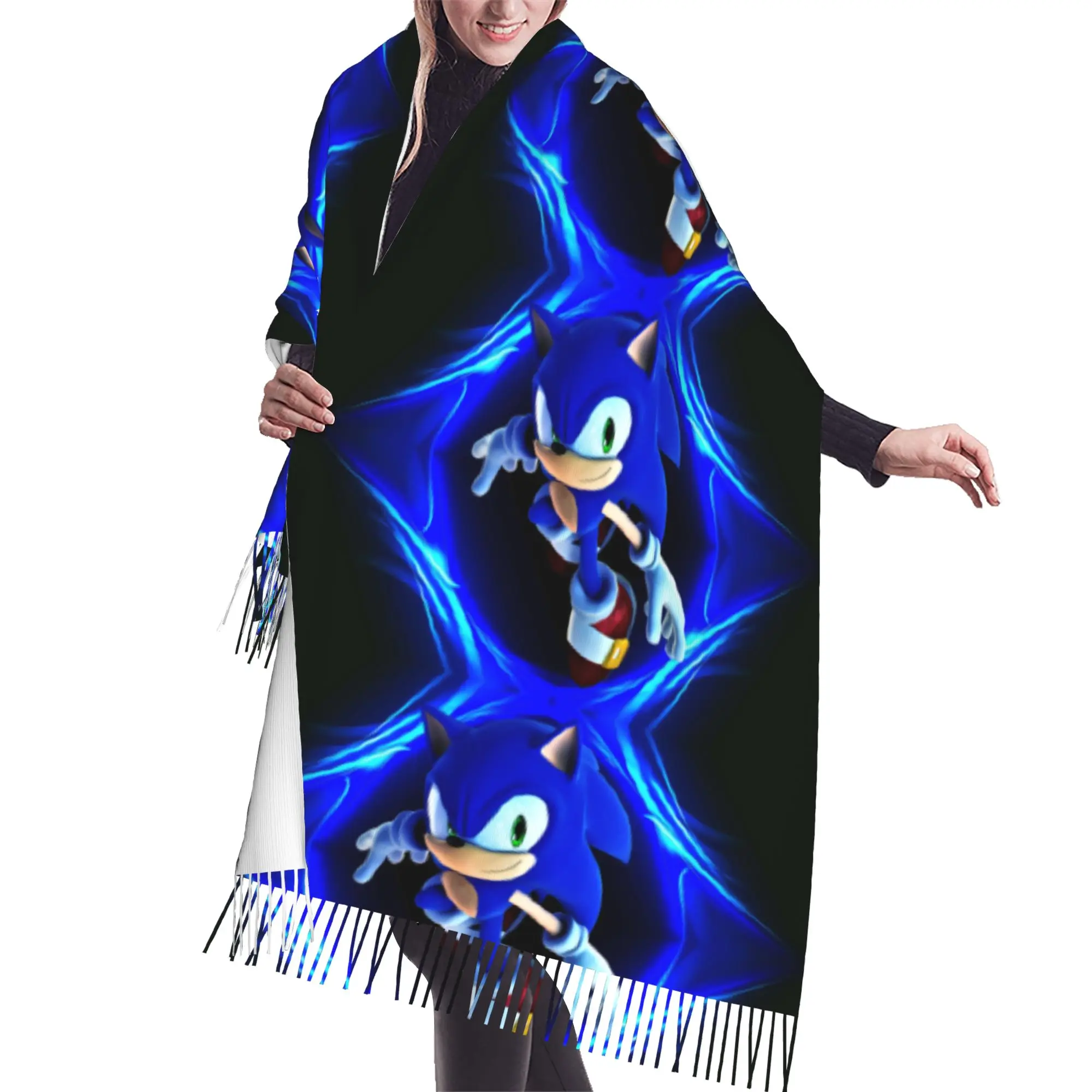 Custom S-Soniced Cartoon Scarf Wrap for Women Long Winter Warm Tassel Shawl Unisex Video Game Scarves