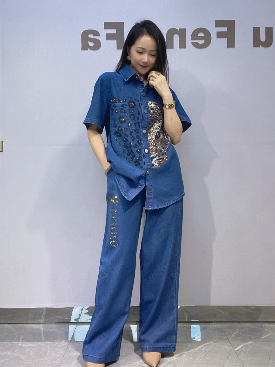 Fashion Denim Shirt 2 Piece Sets Summer Short Sleeve Blouse Wide Leg Pants Women Outfits Leopard Diamonds Denim Pant Set Outfit