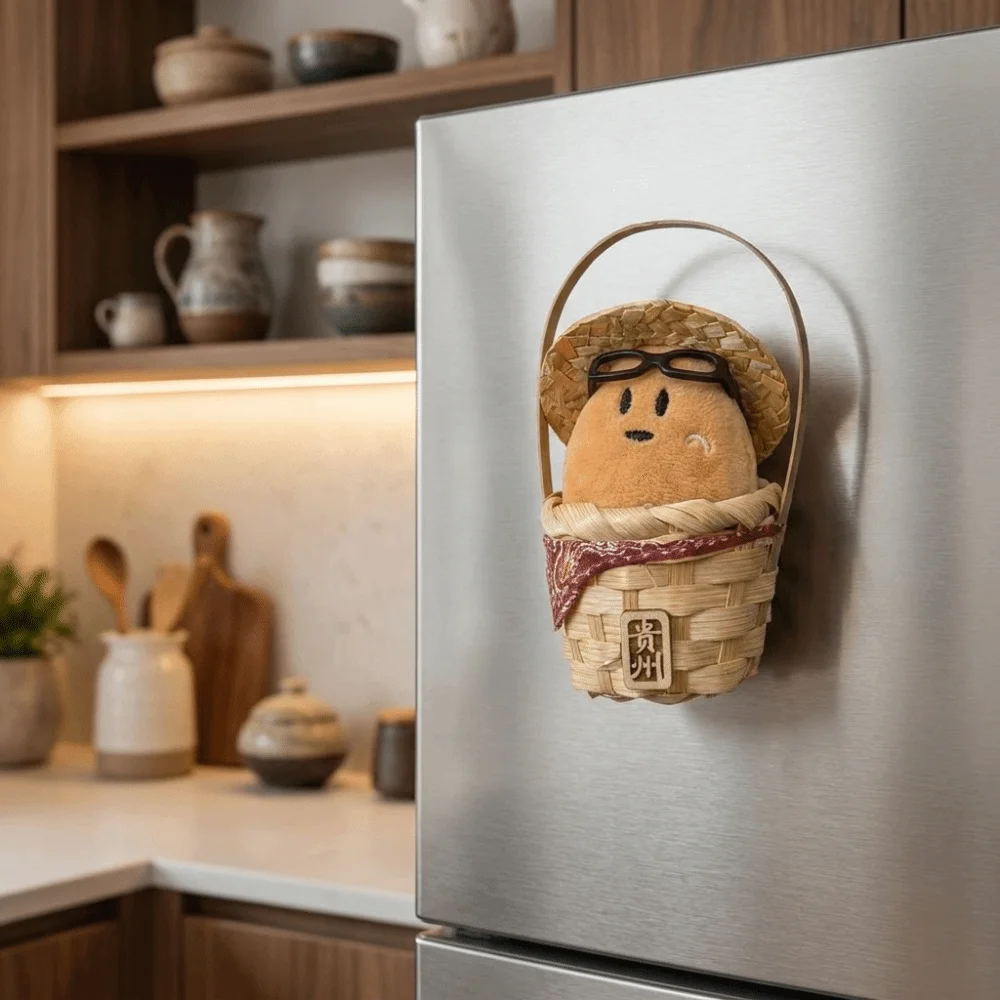 Bamboo Basket Design 3D Plush Potato Fridge Magnet Handmade with Bell Mini Fridge Sticker Soft Ethnic Magnetic Decor Office