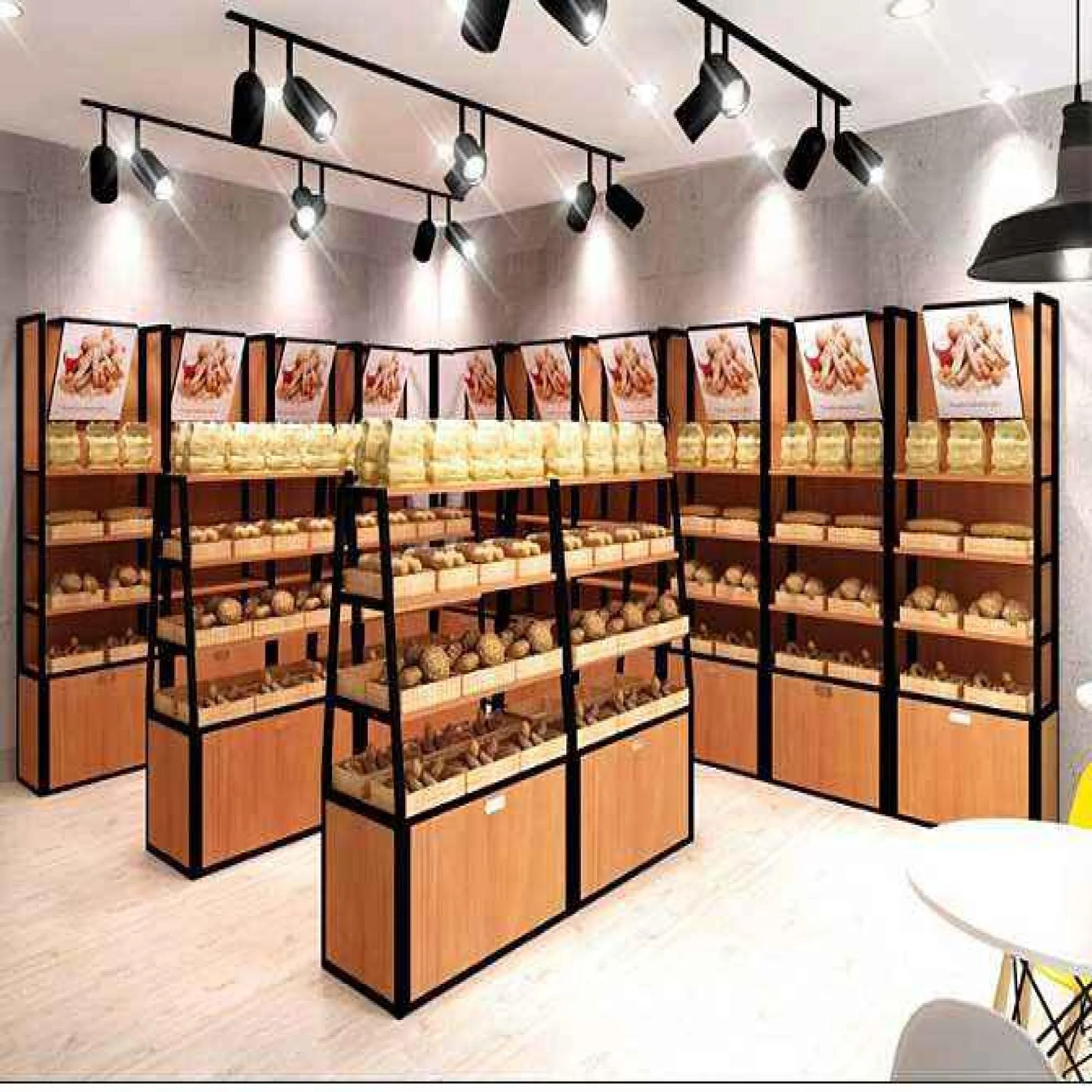 Supermarket Shelves with Cold-Rolled Steel and MDF Wood, Wooden Bakery Shelf, Heavy Duty Display Rack, Retail Store Shelving