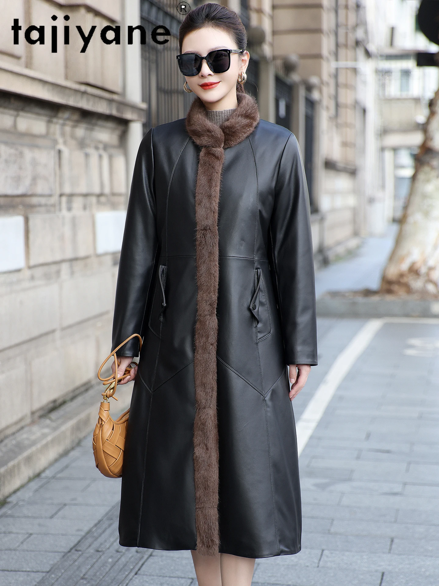 TAJIYANE 100%羊皮グースダウンコート レディース ムスクラットファー襟 本革ジャケット ロングパファージャケット 冬服 2025 롱코트