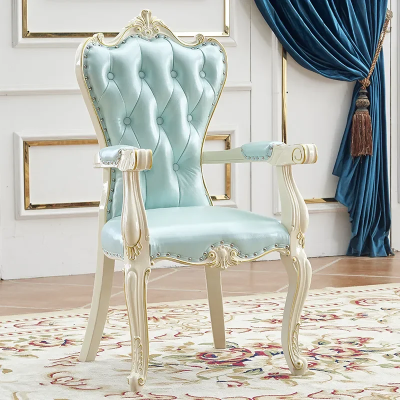 for European Solid Wood Armrest Chair First Layer Cowhide Soft Cushion Sedentary Negotiation Computer Chair Home Study Makeup