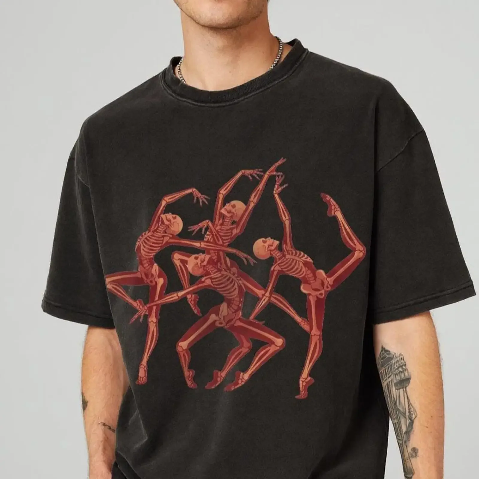 Vintage Washed Cotton Black T Shirt Men's Crew Neck  Red Dancing Skeletons Ballet Poses  vintage Washed Slightly
