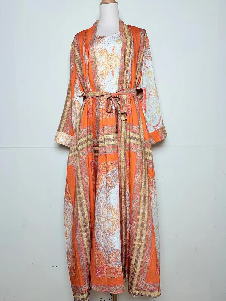 

2025 autumn women's retro geometric print lace up long cardigan two-piece set+sleeveless vest pullover dress fashion set