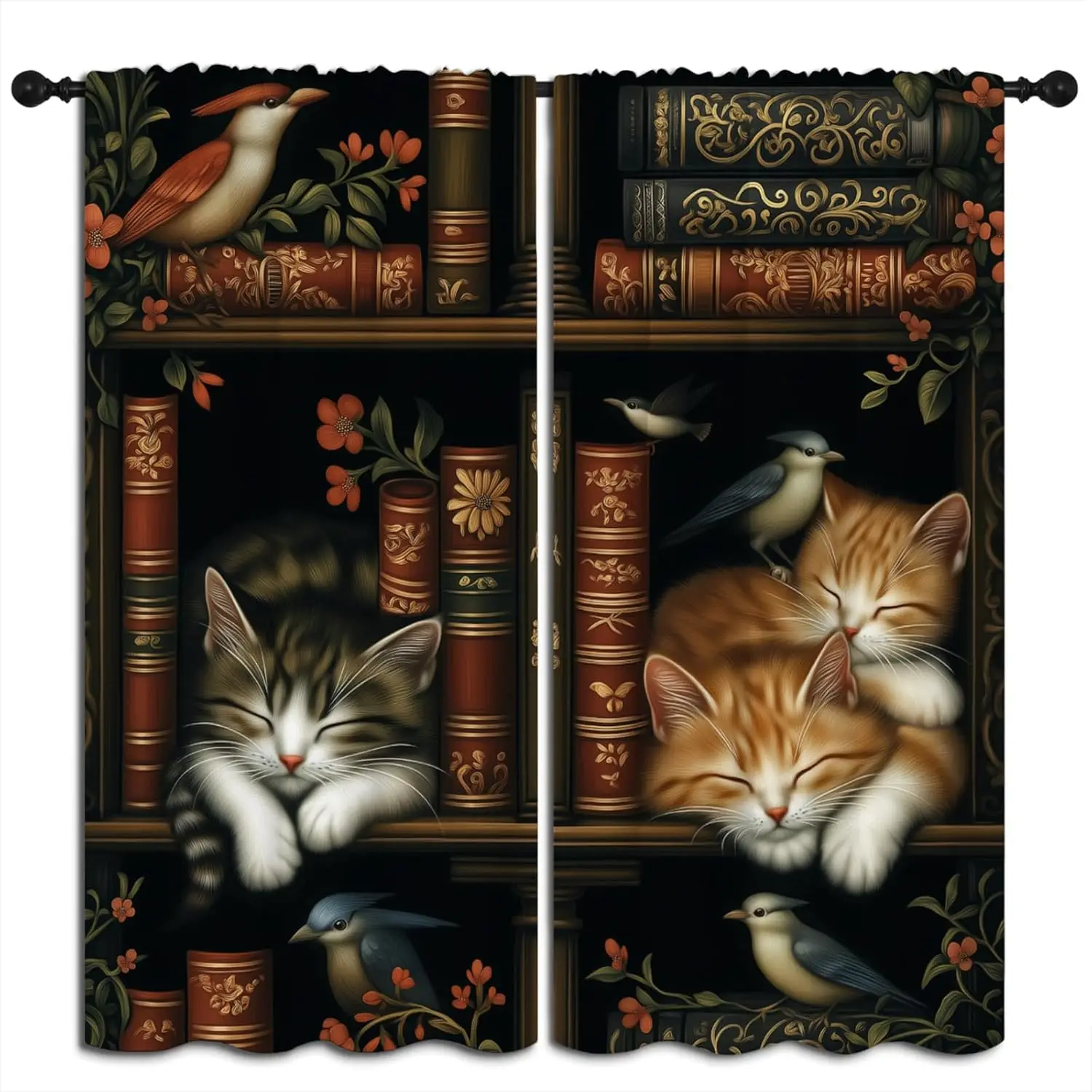 Bookshelf Blackout Curtains for Boys Girl Bedroom Home Decor,Library Bookcase Book Cat Bird Floral Vintage Thermal Insulated Rod