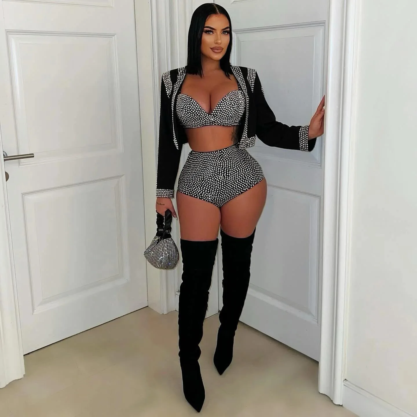 Rhinestone Coats Sexy 2 Piece Pant Set Outfit 2025 Women Luxury Clothes Jacket Club Wear Cropped Coats Two Piece Set Shorts Pant