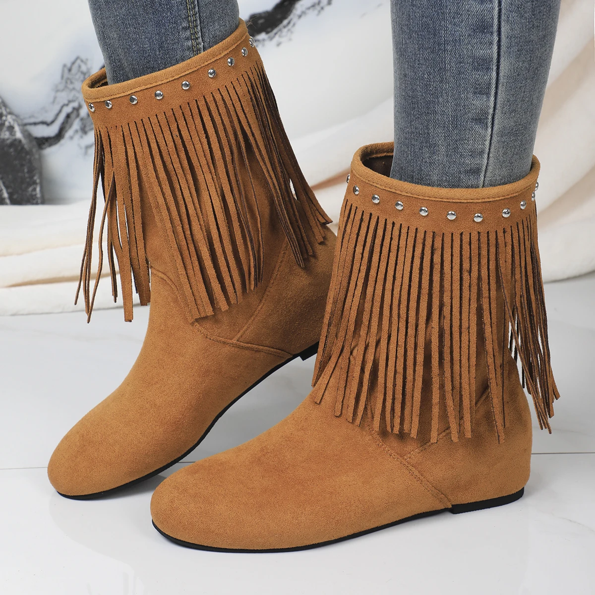 

Vintage Women Mid Calf Boots Fringe Winter Boots Side Zipper Casual Comfortable Round Toe Snow Boots Women Shoes for Women