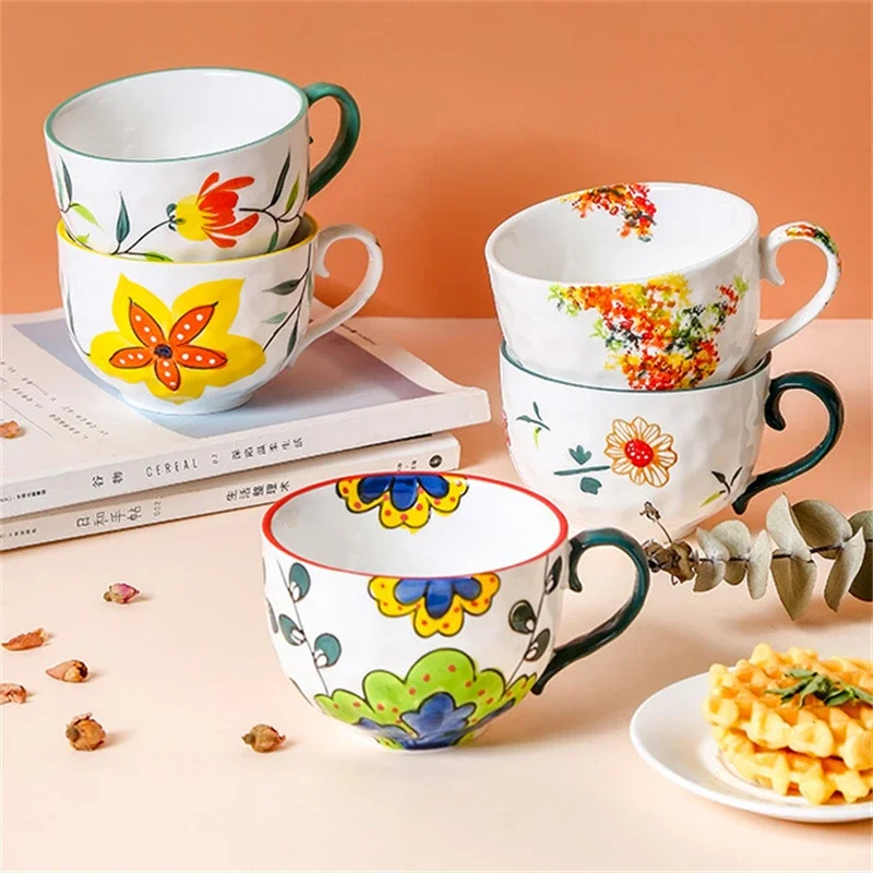 Cute Relief Printed Breakfast Cup Hand-Painted Underglaze Ceramic Creative Milk Cup Afternoon Tea Coffee Oat Cup 540ML