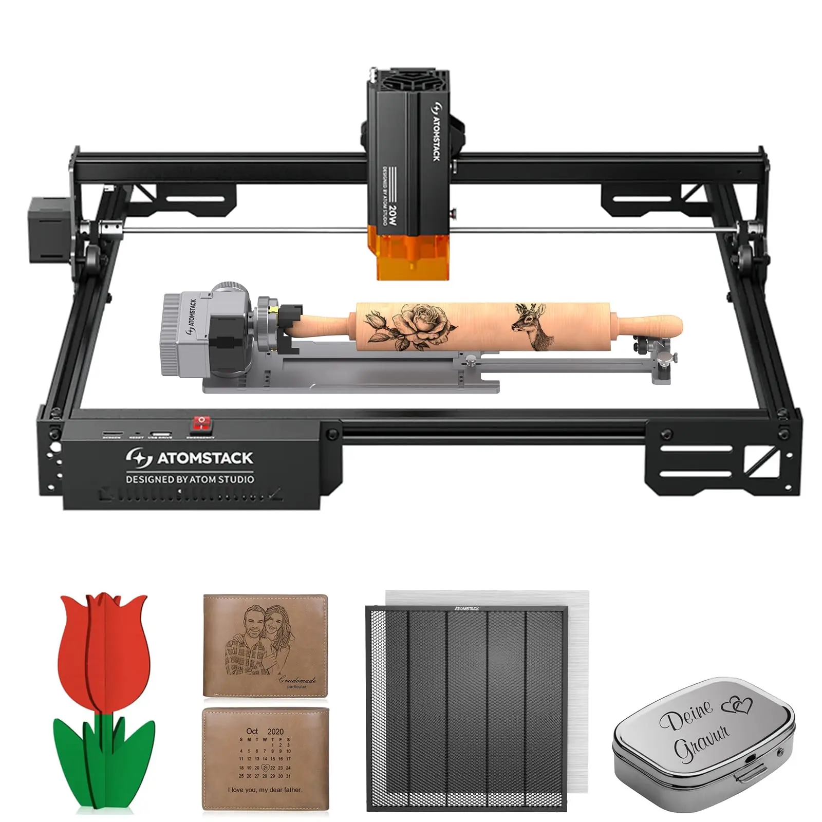 

ATOMSTACK A20 Pro V2 Laser Engraving Machine 20W With R8 Rotary Roller F4 Honeycomb Plate For Personalised Gifts Business Cards