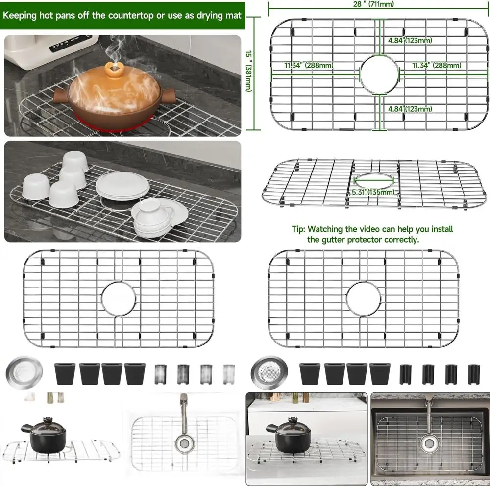 

Kitchen Sink Protector 28x15 - Metal Rack with Grate & Strainer for Center Drain