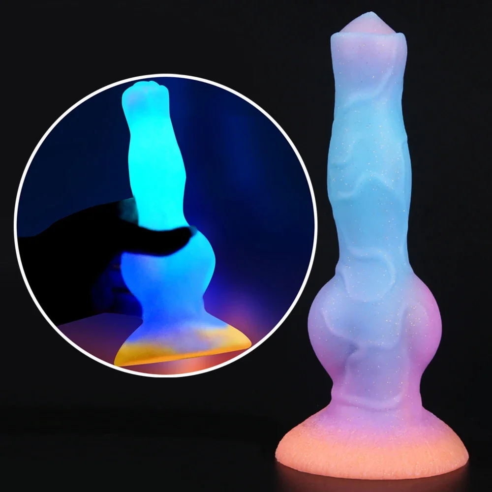 Consolador grande y largo con forma de perro y Animal para mujer, tapón Anal suave de silicona, con forma de Lobo, juguete sexual vibrador brillante