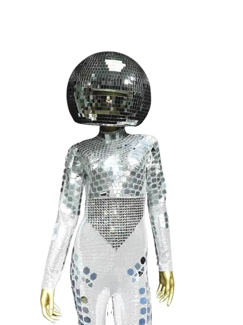 Disco Mirror Ball Jumpsuit Glass Helmet Metallic Cosplay Ball Halloween Stage Prop Halloween Christmas Costumes