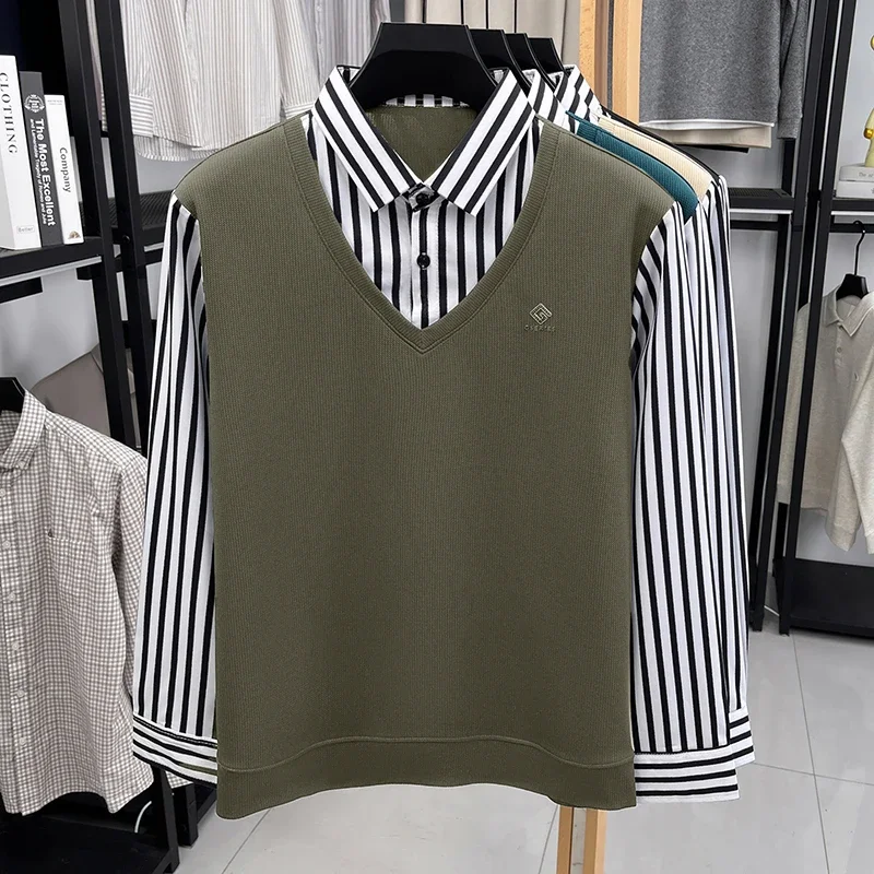 Mens Casual Fake Two Piece Sweater Shirt Striped Collar Long Sleeve V Neck Pullover For Business And Daily view 3