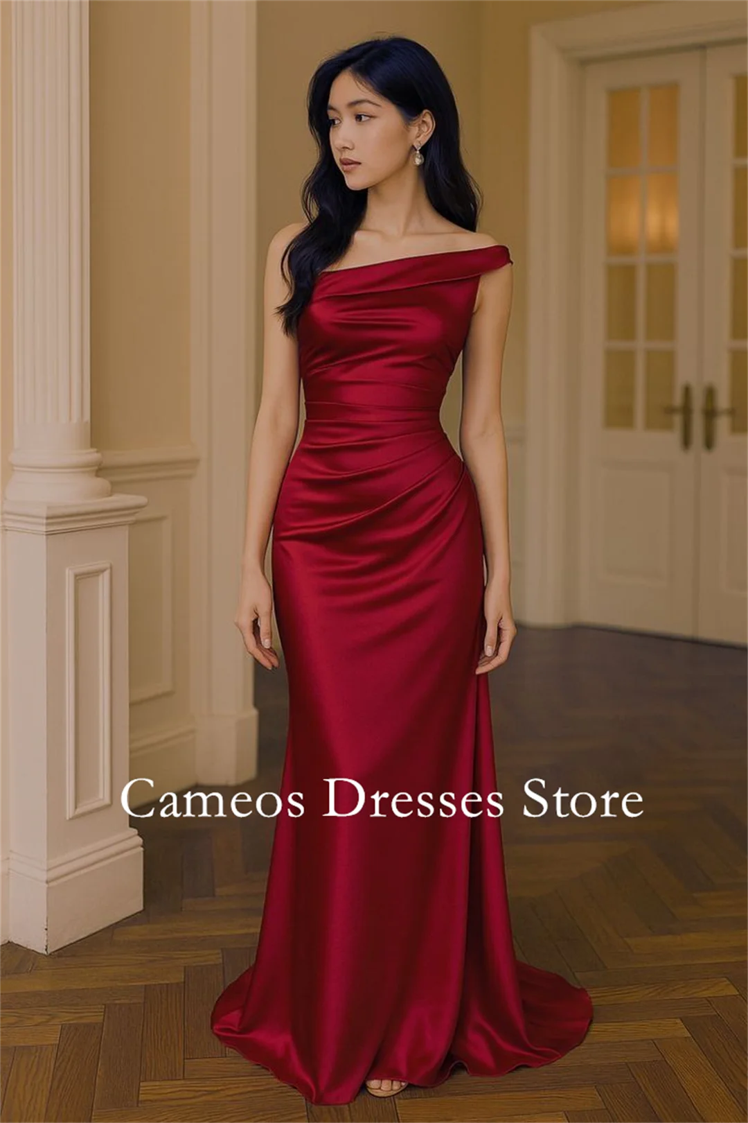 

SONDR Корейское темно-красное вечернее платье русалки на одно плечо с короткими рукавами и рюшами, простое вечернее платье для выпускного вечера по индивидуальному заказу 웨딩드레스 Occa