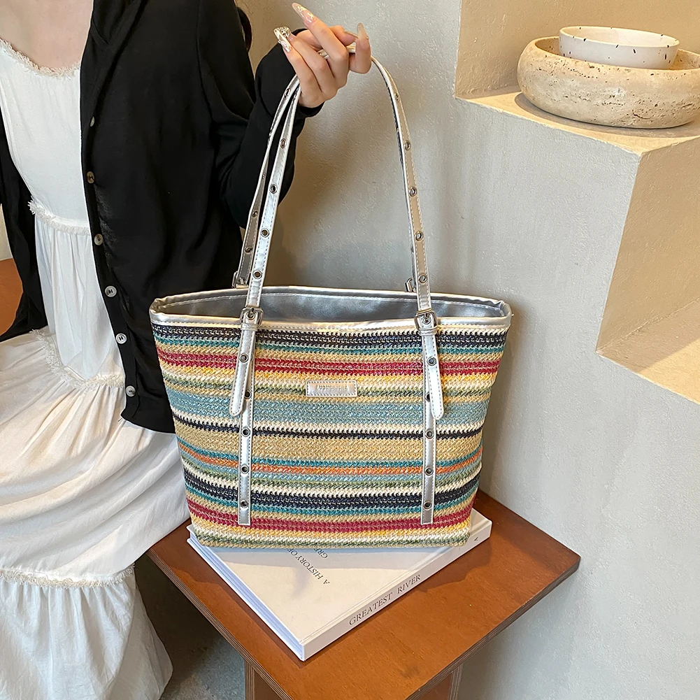 

Women Color Straw Tote Handbag Large Capacity Simple Shoulder Bag Patchwork Minimalist Tote Bag Ladies Summer Daily Bag