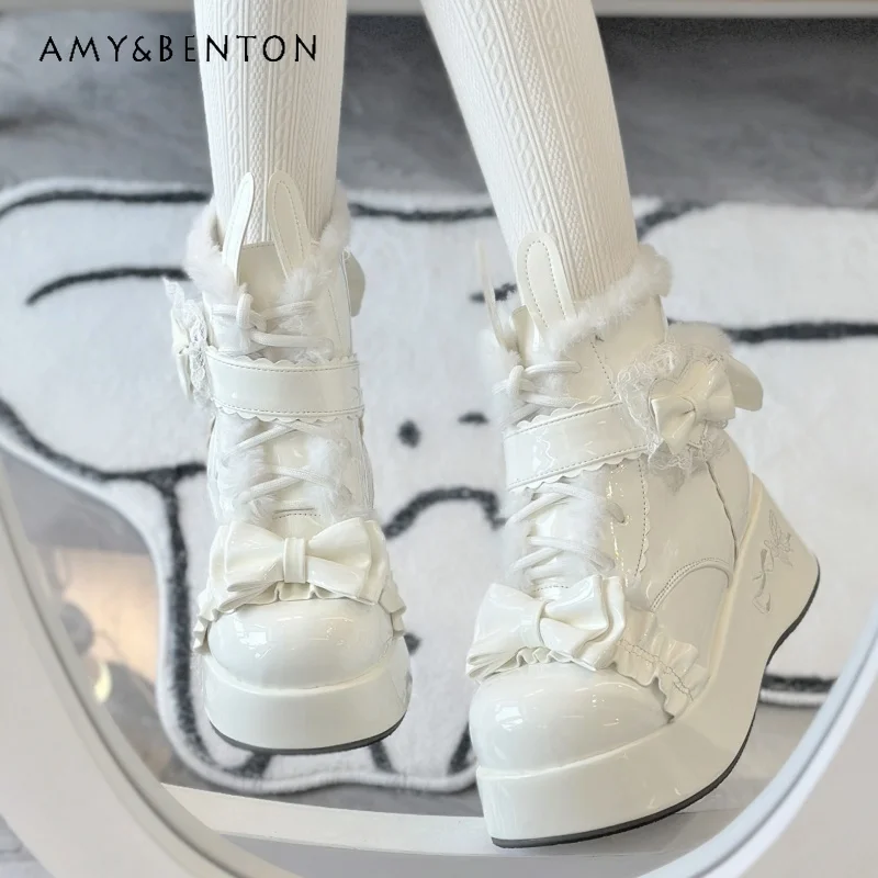 

2025 Autumn Winter New Lolita Thick-Soled Black Snow Boots Sweet Warm Cute Bunny Ear White Height-Increasing Boots