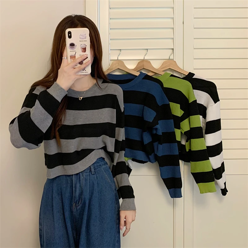 Gidyq Korean Women Cropped Sweater Autumn Fashion Stripe Long Sleeve Knitted Jumper Casual Female All Match Loose Pullover New