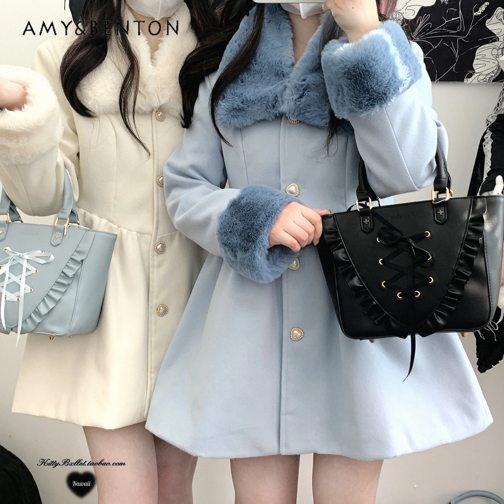 Sweet Elegant Princess Wool Coat Women Winter Removable Fur Collar Japanese Mine Plush Long-sleeved Single-breasted Woolen Coat