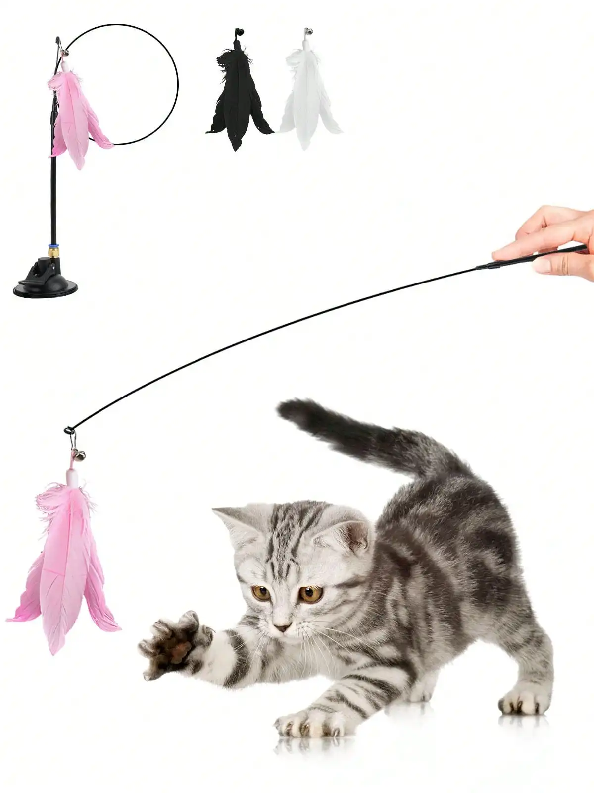 

Cat Feather Toys Interactive Cats Powerful Suction Cup Handheld Teaser Wand Toy And 3PCS Replacement Feather With Bell For Kitten Scratching Exercise Indoor