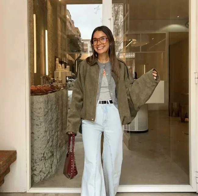 New Women's Bomber Jackets Coats Fashion Turn-down Collar Long Sleeve Loose Coats Vintage Female Outerwear Chic Tops