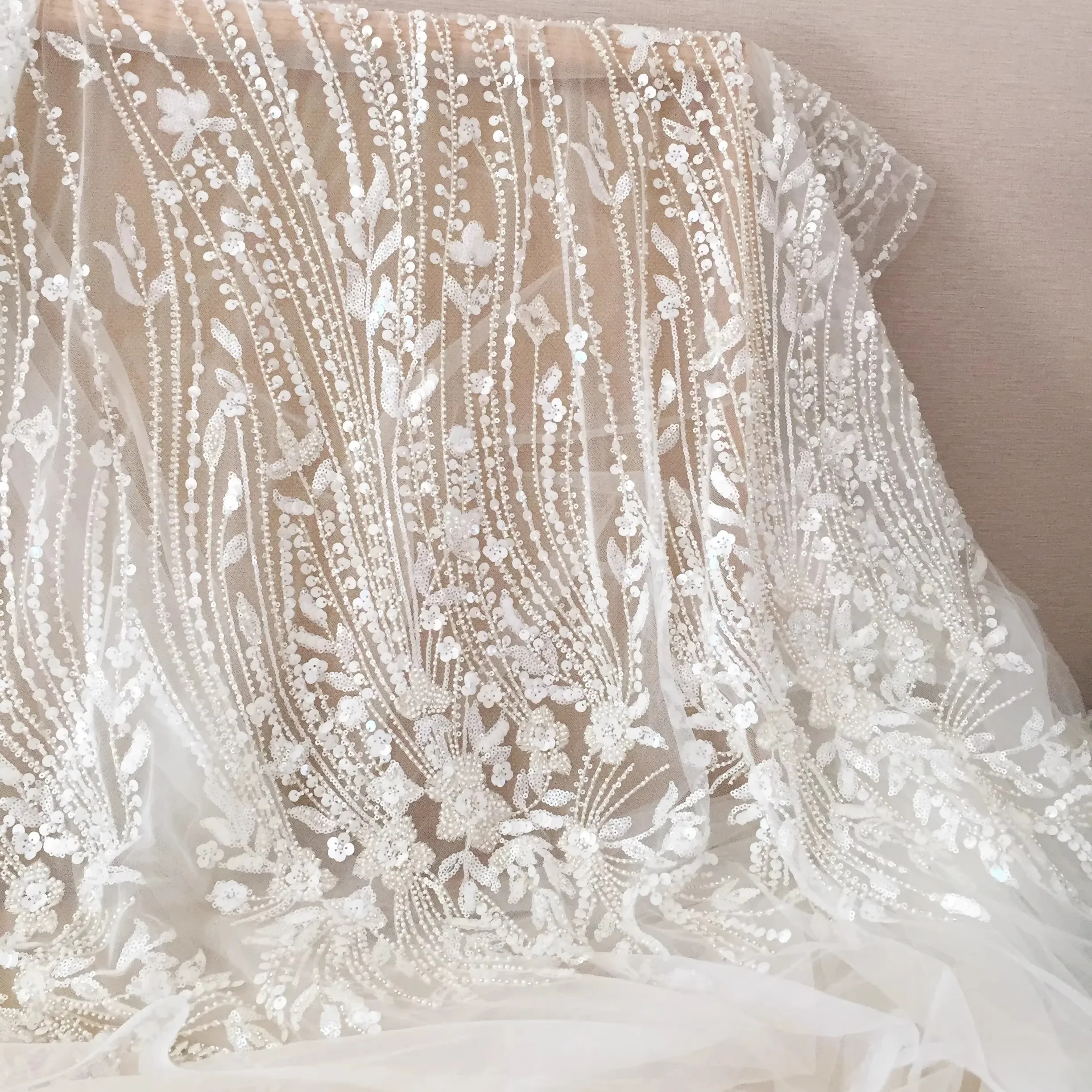 

Wedding Lace Material Luxury Beaded Embroidery Gauze Lace Off White with Silvery Beading Tulle Mesh Lace Fabric