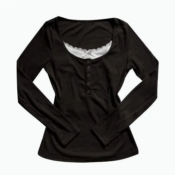 Women Harajuku Slim Fit Round Neck Printed Pin Print Casual T-shirt Women's Blouse Top Lace Trim Button Front Ribbed Knit