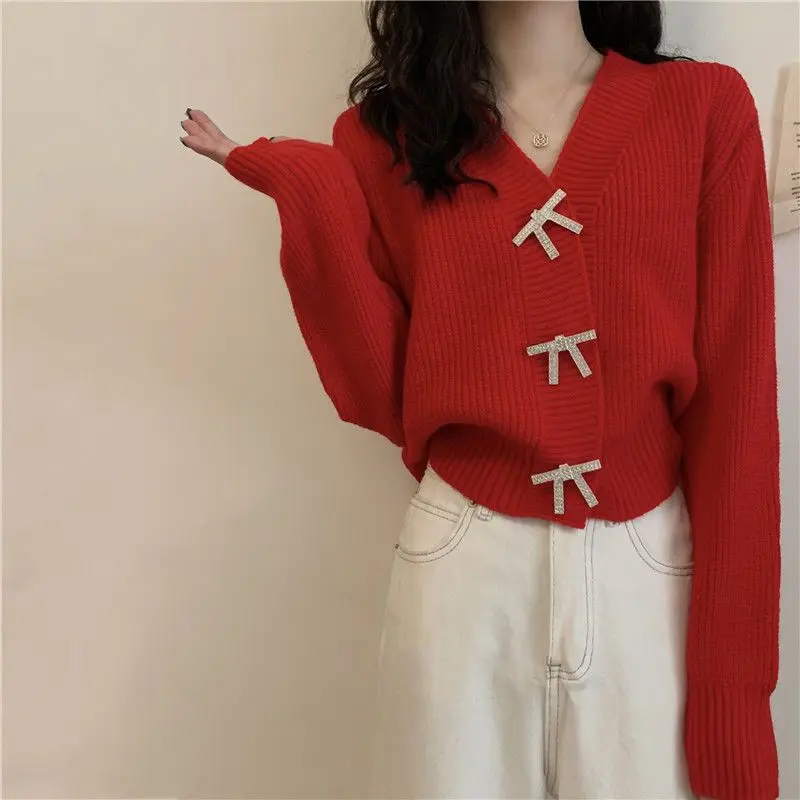 Casual V-Neck Short Loose Sweaters Spring Autumn New Solid Color Female Clothing Korean Long Sleeve Fashion Bow Knitted Cardigan