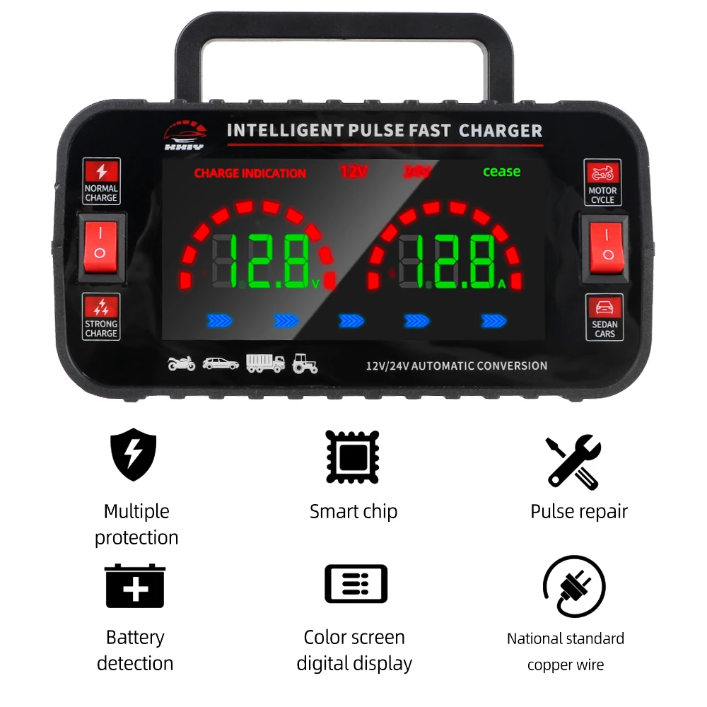 12V/10A 24V/5A High Power Fully Automatic Car Battery Charger For Lead Acid AGM GEL Batteries Pulse Repair EU Plug 150W