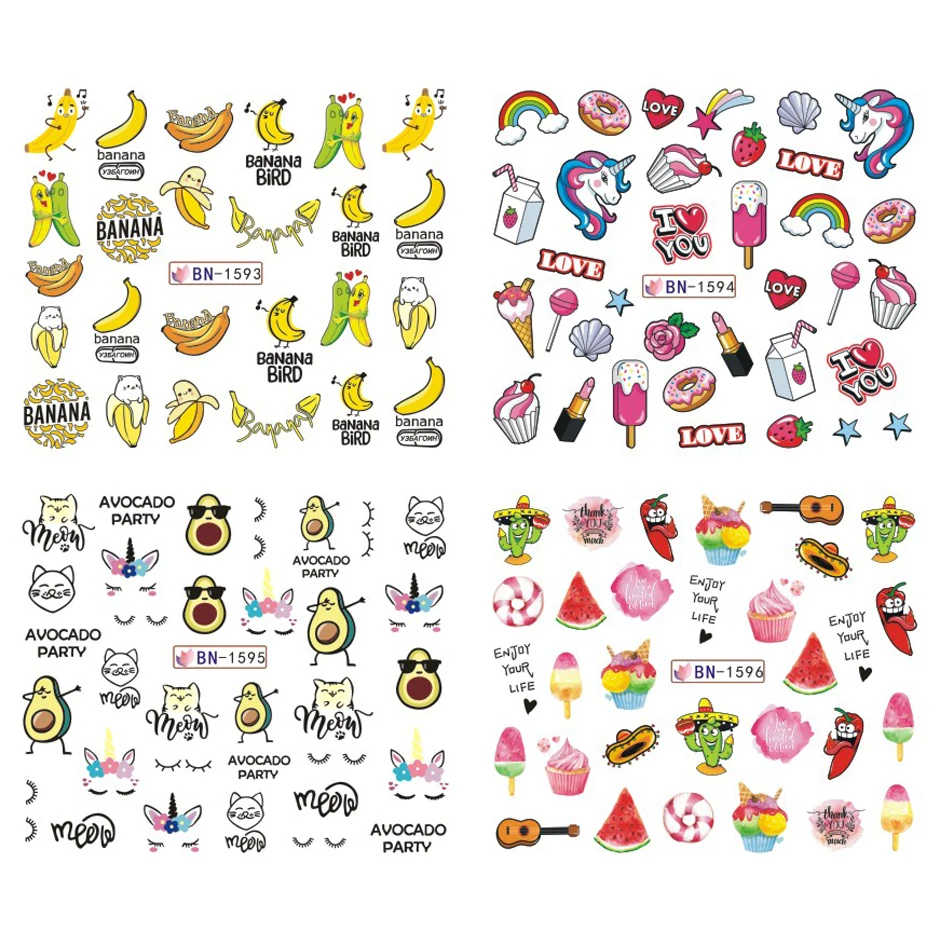 12 Design Water Transfer Nails Stickers Sliders Kawaii Cartoon Avocado Decals DIY Summer Spring Gel Polish Manicure Decoration