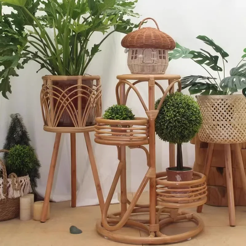 

solid wood Indonesian rattan flower stand, sofa side few floor bamboo weaving rack, wall corner balcony flower pot stand