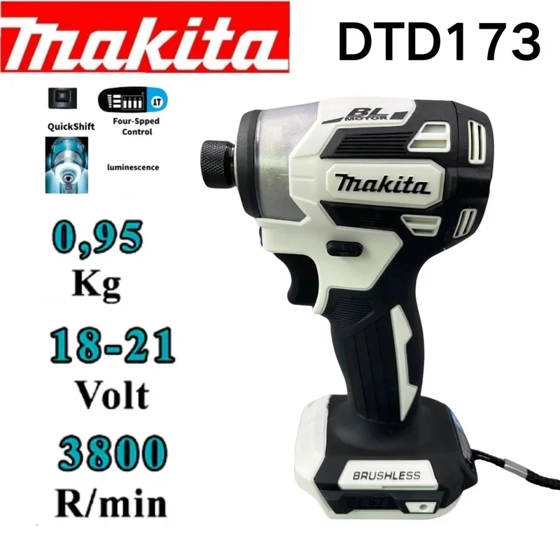 Makita DTD173 18V Brushless Branco Motor de driver de impacto sem fio Furadeira elétrica para madeira/parafuso/modo T 180 N · M Ferramenta recarregável