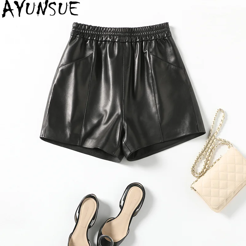 

AYUNSUE 2023 Genuine Sheepskin Leather Shorts for Women Wide Leg Short Pants Women Loose Boots Short Elastic Waist Soft Shorts