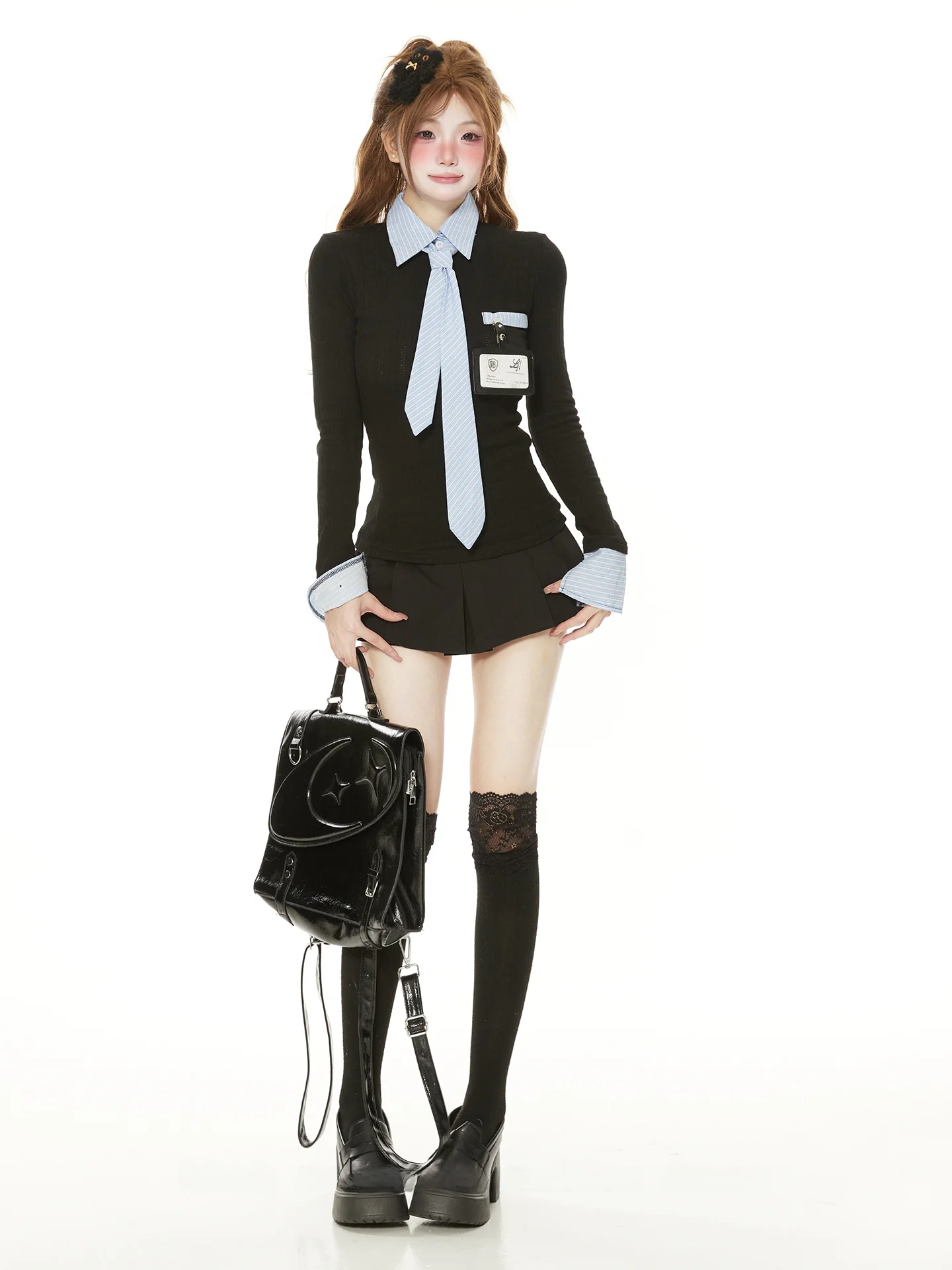 

Slim Fit Long Sve Knitted Sweater Women's Early Autumn Faion Korean Sle Miu Series College Sle Patchwork Tie irt