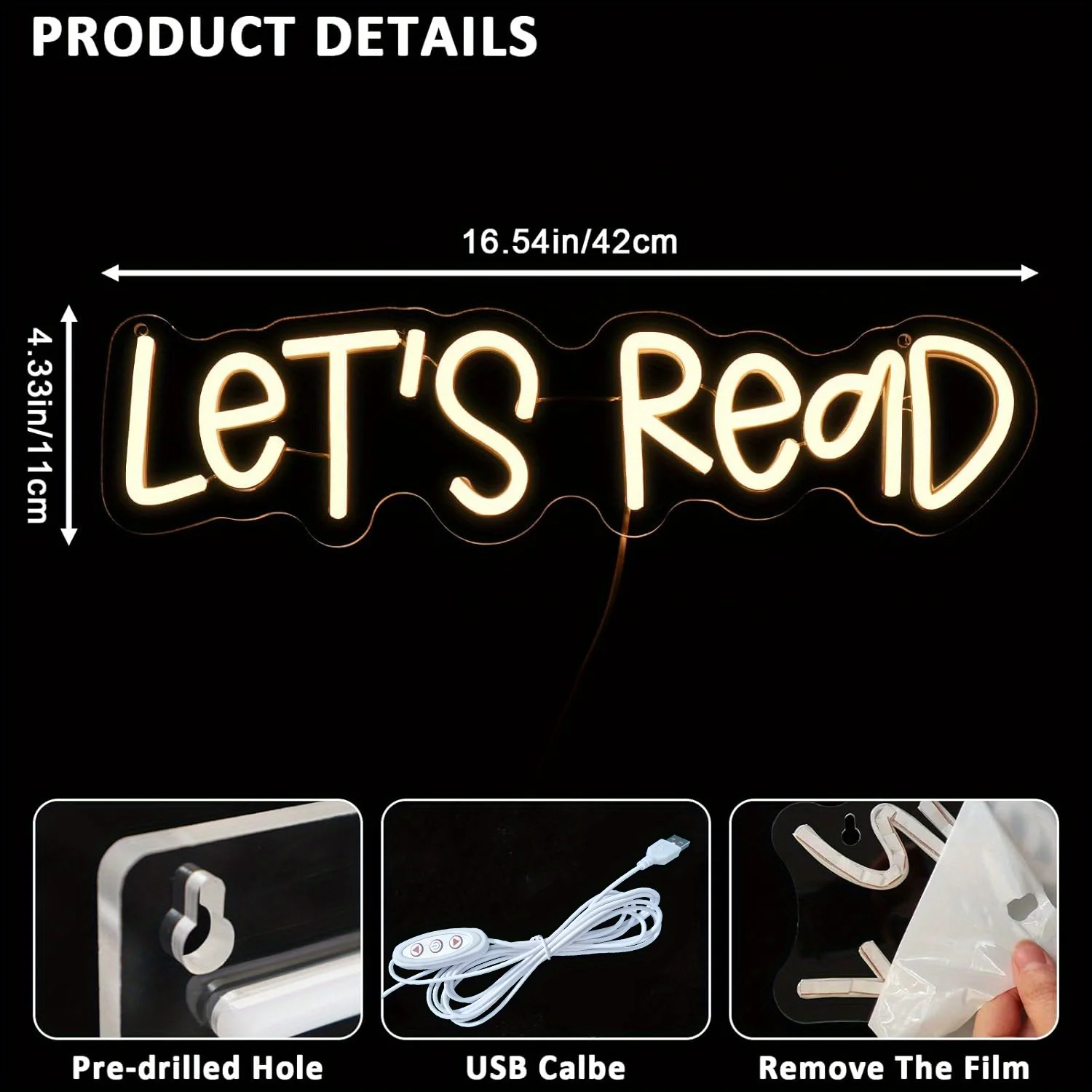 Let's Read Neon, USB Dimmable Neon, Suitable for Library, Classroom Reading Corner, Bedroom, Study, Home and Book Club