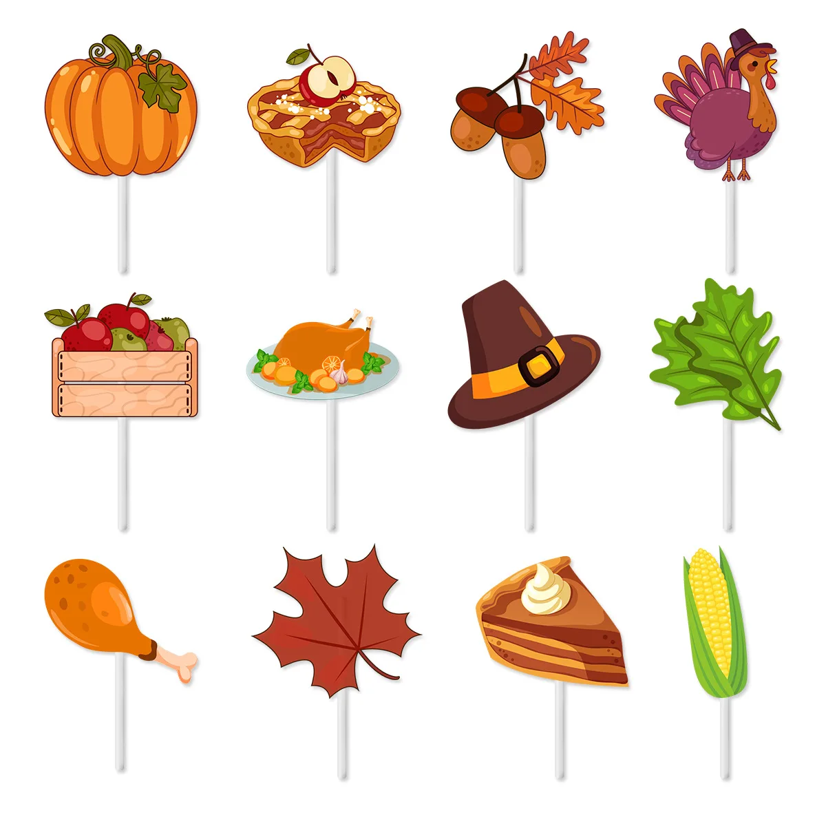 Thanksgiving Cake Toppers,Pumpkin Cake Insert, Pinecone, Maple, Leaf, Turkey, Cake Inserts,12pcs