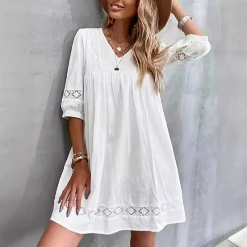 Summer Boho Women's Dress Casual Half Sleeve Sundress Lace V Neck Beach Vestido Bohemian Holiday Party Loose White Mini Dresses