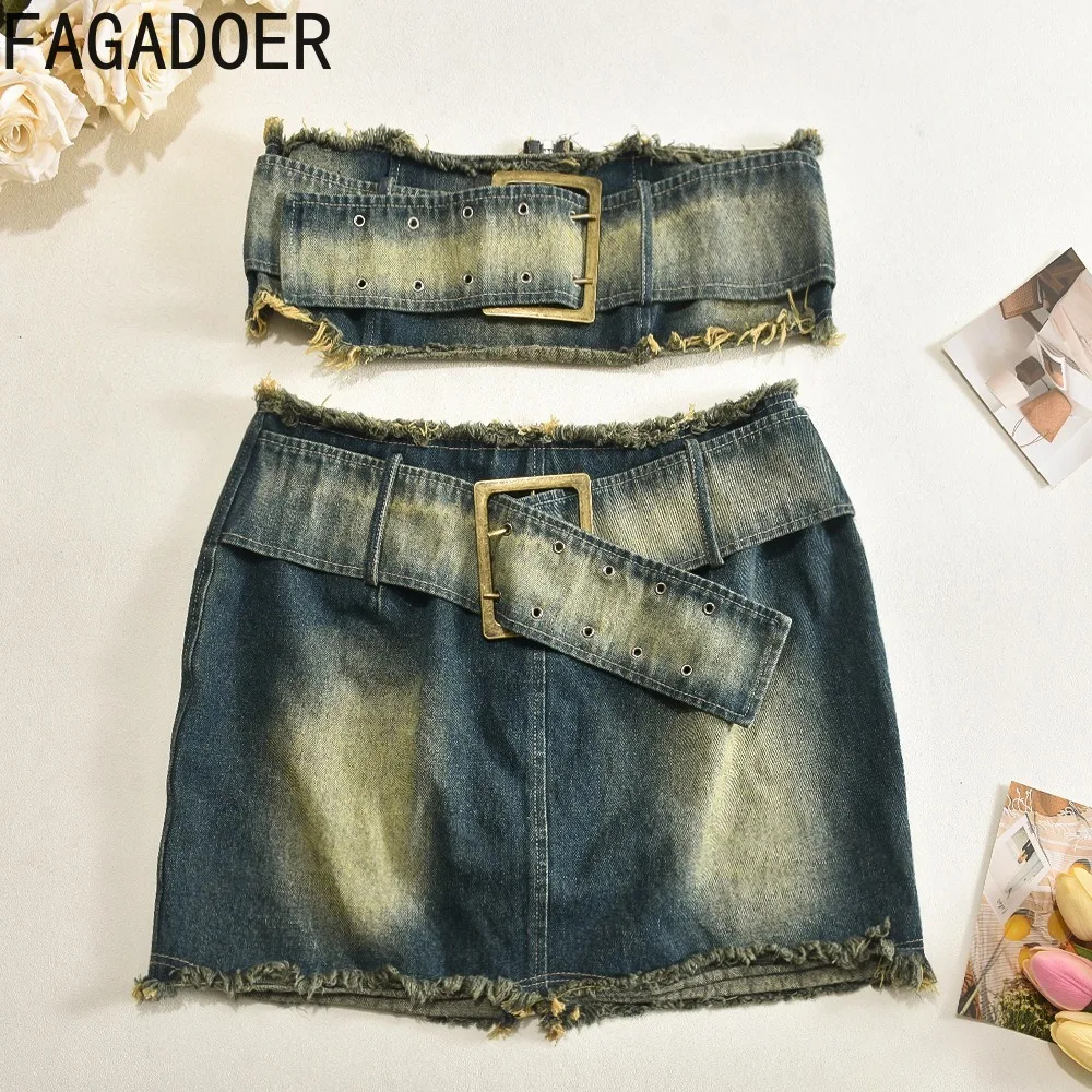 FAGADOER Fashion Retro Distress Y2K Denim Streetwear Women Sleeveless Backless Tube And Belt Mini Skirts Cowboy Two Piece Sets