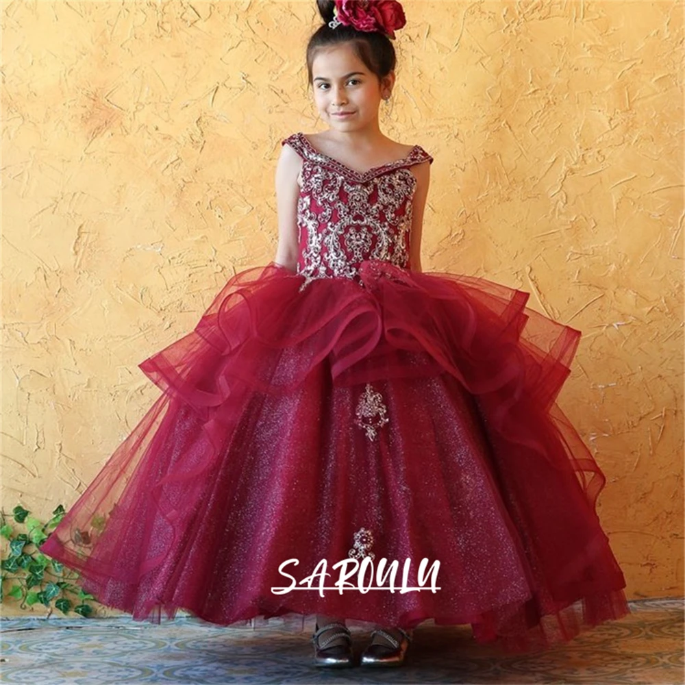 Vestido formal de miçangas para crianças, vestido de baile de tule com glitter, mangas de princesa, vestidos de menina de flor, vestidos de festa de casamento