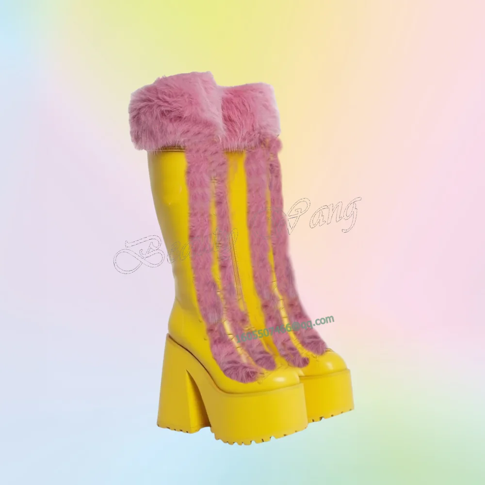 

Yellow Front Cross Tied Boots Pink Fur Decor Platform Shoes for Women Chunky High Heels Sexy Shoes 2023 Zapatos Para Mujere