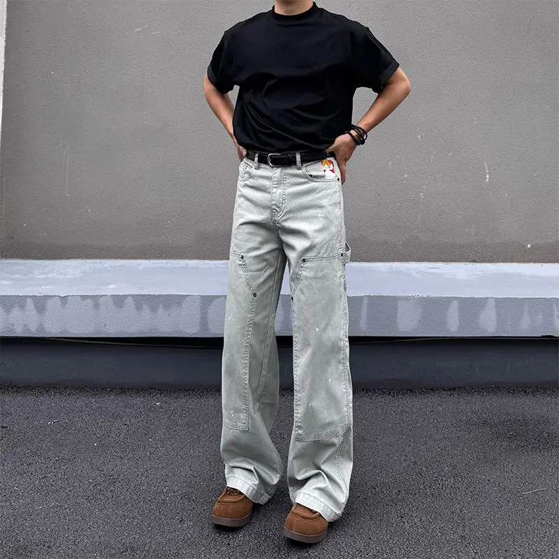 Men's Retro Double Knee Patch Casual Pants Unisex Street Cool Boy Bottoms Male High Waisted Straight Wide Leg Trousers