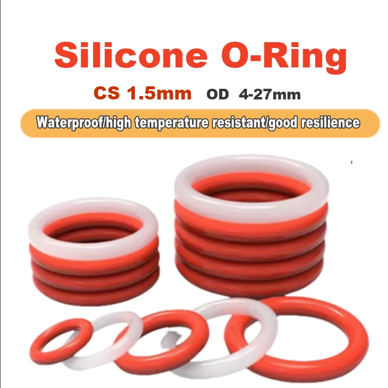 100Pcs CS 1.5mm Silicone O Ring Seal Washer OD 4mm-27mm Insulated/Waterproof/High Temperature Resistant/Good Resilience Gasket