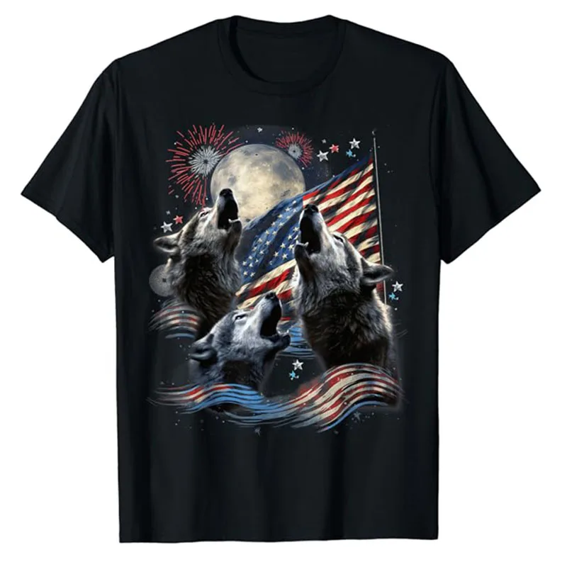 

3 Wolf Moon 4th of July American Flag Howling America T-Shirt USA Pride Patriotic Graphic Tee Men's Fashion Short Sleeve Blouses