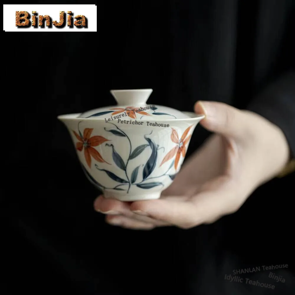 115ml Plant Ash Handmade Cover Bowl Household Boutique Handpainted Gaiwan Traditional Tea Tureen Tea Making Cha Ornament Gifts