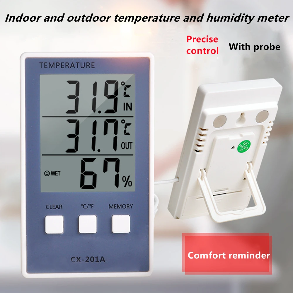 CX-201A cyfrowy termometr higrometr temperatura wewnętrzna zewnętrzna miernik wilgotności C/F wyświetlacz LCD sonda czujnika stacja pogodowa
